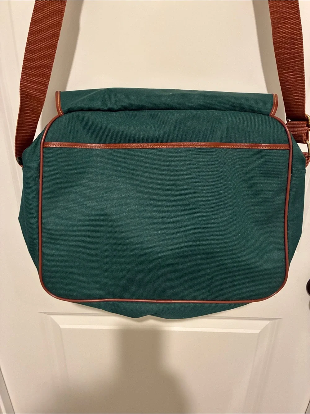 Men's Dark Green Canvas Messenger Bag with Brown Trim